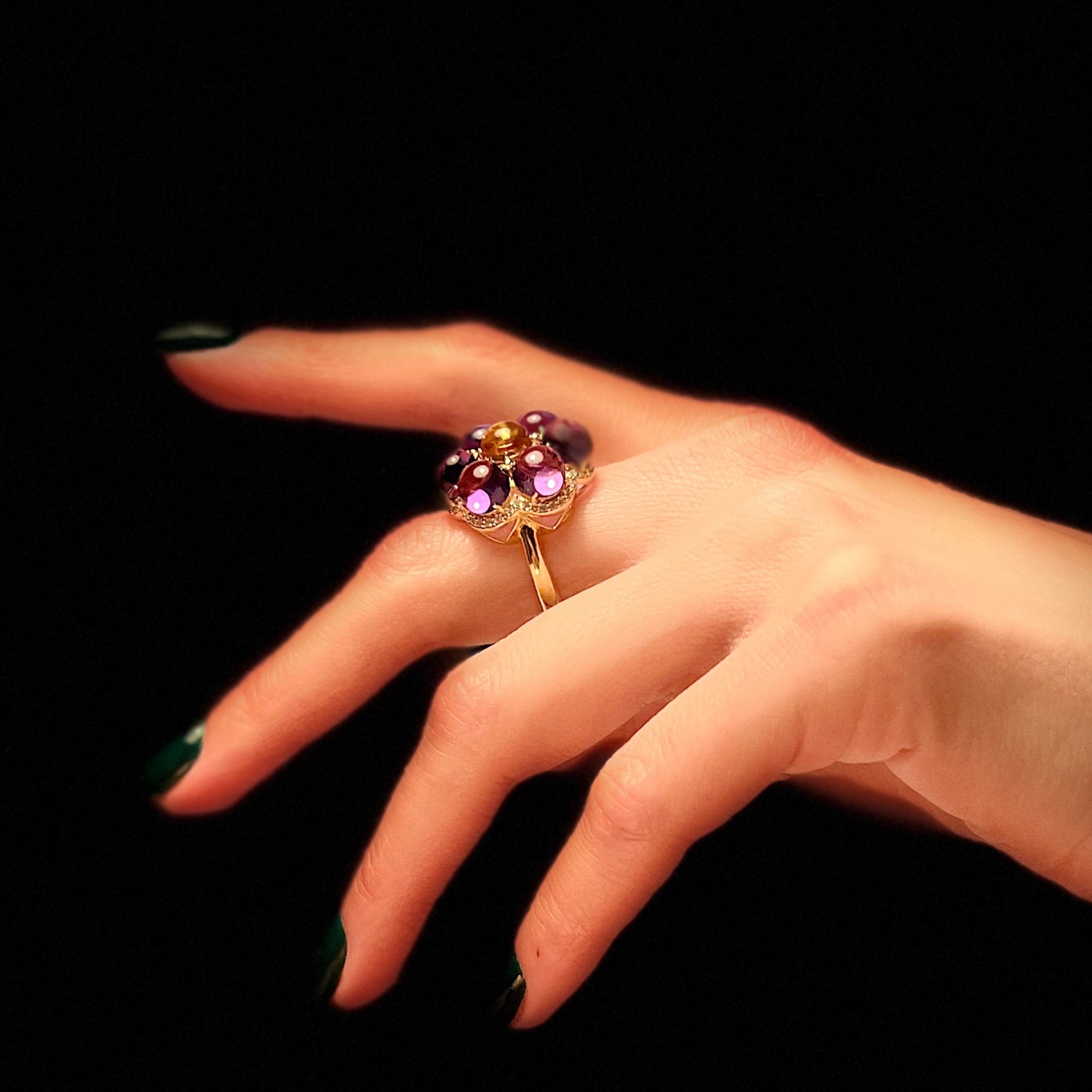 Дамски златен пръстен 18 карата злато от уникална колекция с диаманти, цитрин и аметисти